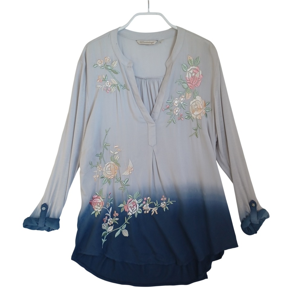 Soft Surroundings Women Gray Blue Ombre Floral Embroidered Tunic Top Large 5E322